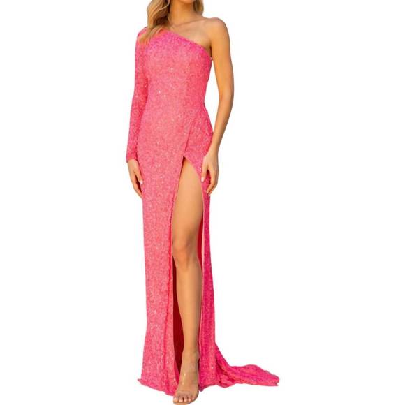 NEW PRIMAVERA one shoulder thigh-high slit prom dress in neon pink -  threedaughtersproperties.com